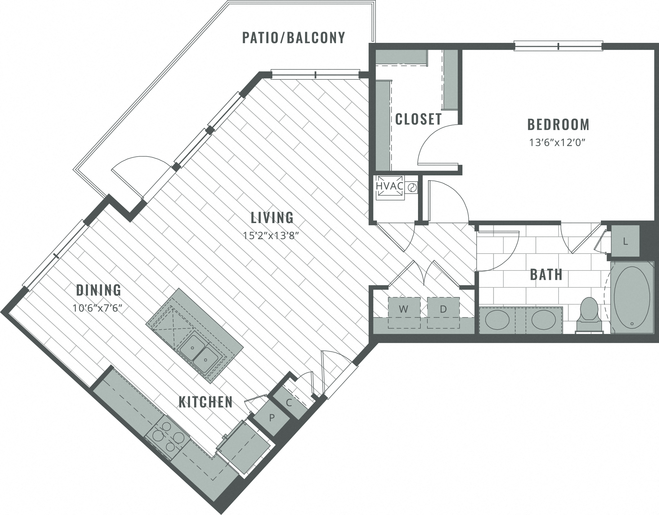 Floor plan for 1 bed, 1 bath, 906 sqft